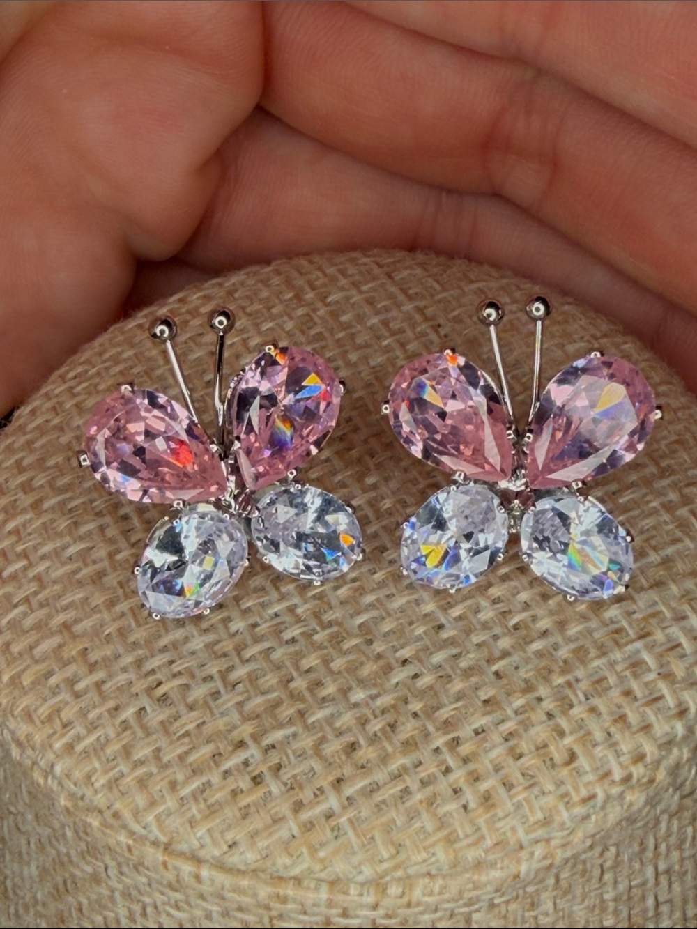 Pink and Clear Crystal Butterfly Stud Earrings - Women Jewelry